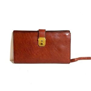Vintage unisex Brown Leather Wallet wristlets with Gold Clasp